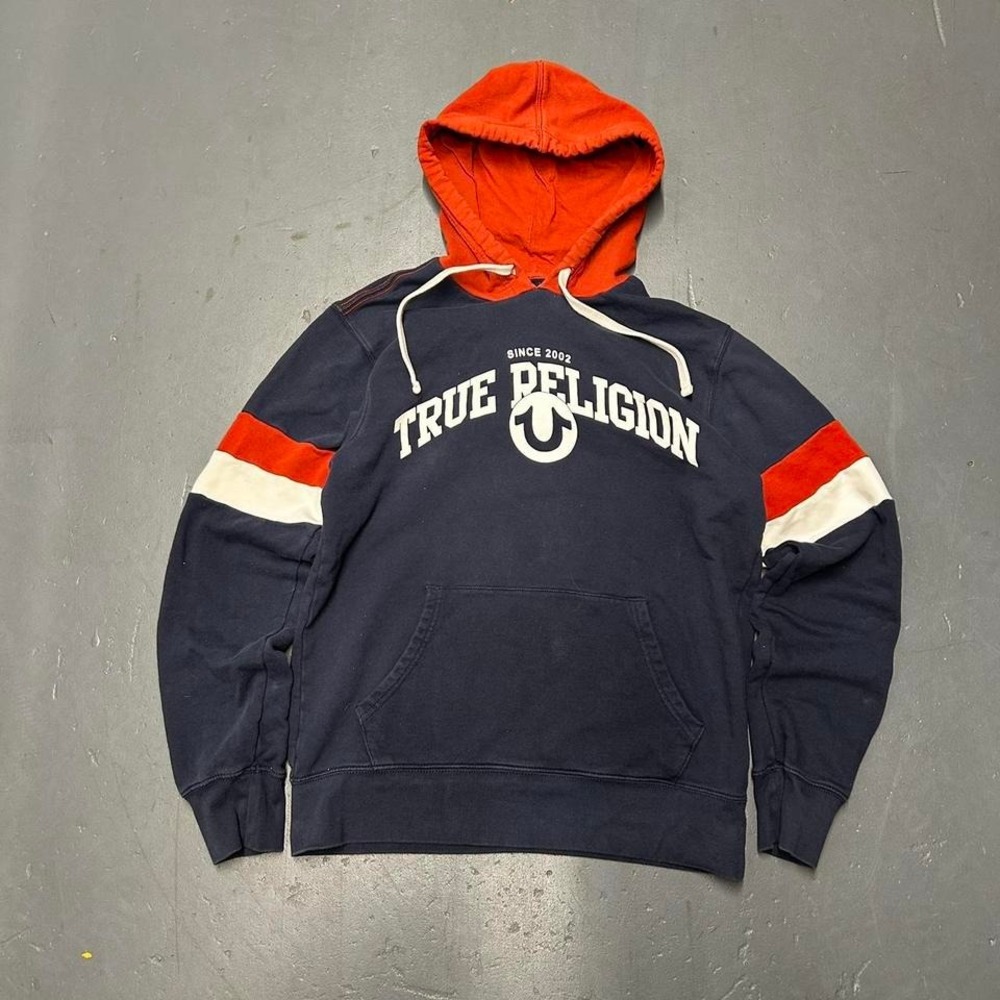 Men's Y2K True religion graphic hoodie Navy orange and white